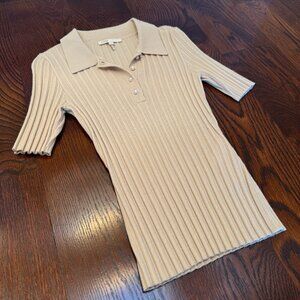 Maje Ribbed Knit Blouse in Beige/Tan with Pearl Button Details